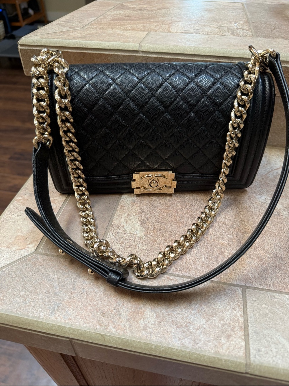 Chanel caviar leather medium boy bag black